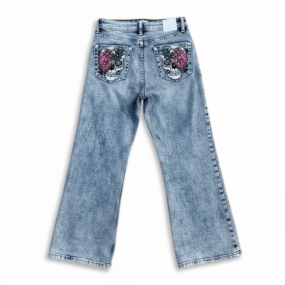 NWT Wide Leg Acid Wash Jeans Skull Rose Embroidery Rhinestone Y2k Punk 9/29